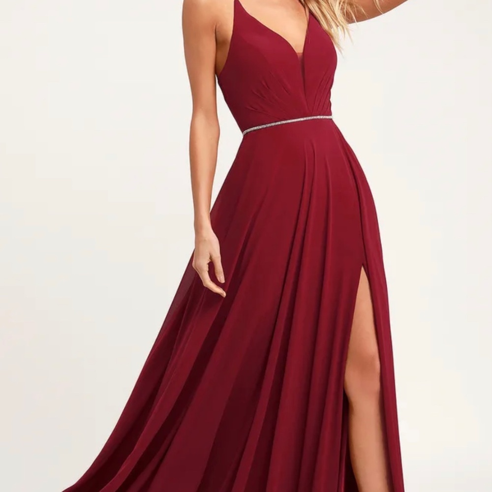 Wedding guest maroon maxi dress with a slit